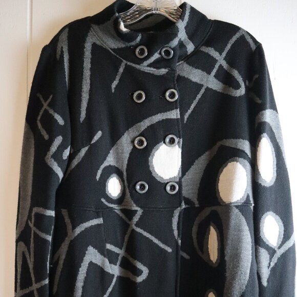 Linea Domani Wool Black Gray Double Breasted Wrap Sweater Wrap Womens Large - Picture 1 of 4